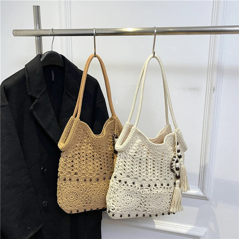 Sac à main tissé de grande capacité, sac à bandoulière ajouré, fourre-tout en Crochet, fourre-tout bohème tissé pour femmes, sacs de Shopping tricotés