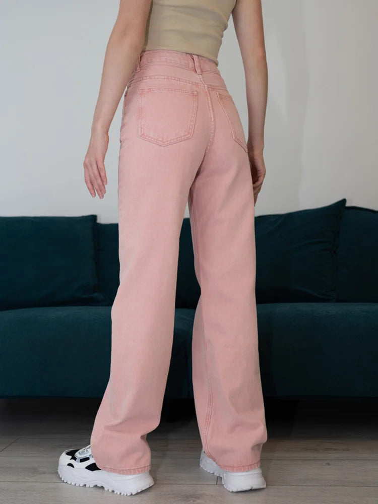 Jean bleu femmes taille haute 2025 ample décontracté petit ami jean Long pour le travail dames Simple jambe droite Denim pantalon pour les femmes