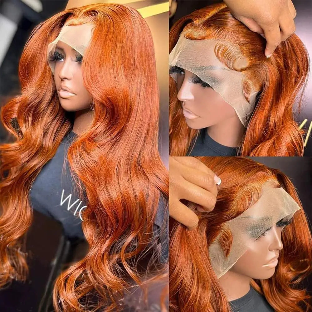 Perruque Lace Front Wig Remy naturelle Body Wave, cheveux humains, Orange gingembre, 36 pouces, 13x6, HD, densité 180%, pre-plucked