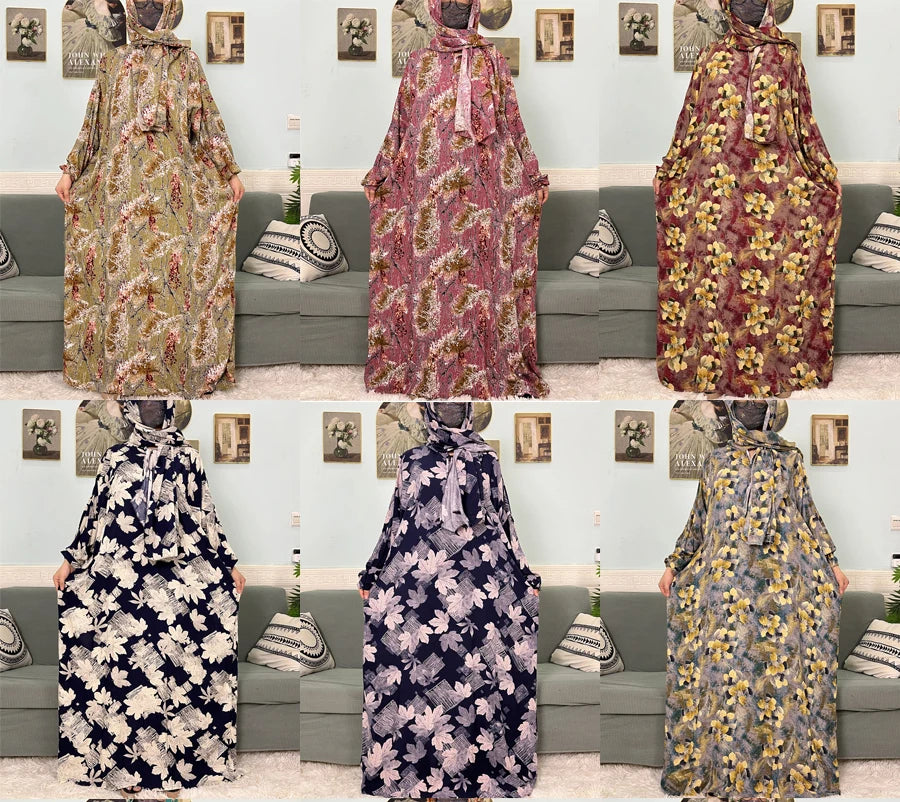 Abayas musulmanes en coton pour femmes, vêtement de prière traditionnel à fleurs pour Ramadan, Caftan africain, Marocain, Robe connectée, foulard