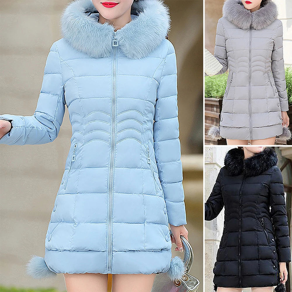 Women's autumn and spring puffer jacket, solid color, long sleeves, high collar, design with faux fur collar, zipper closure, 2025