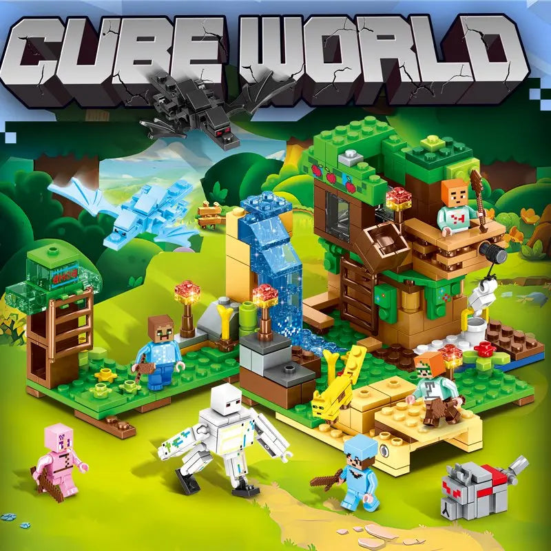 Blocs de construction de puzzle pour enfants, toboggans de village, grottes, mines, villes de chevaux, chats, léopards, jungles, jouet éducatif pour