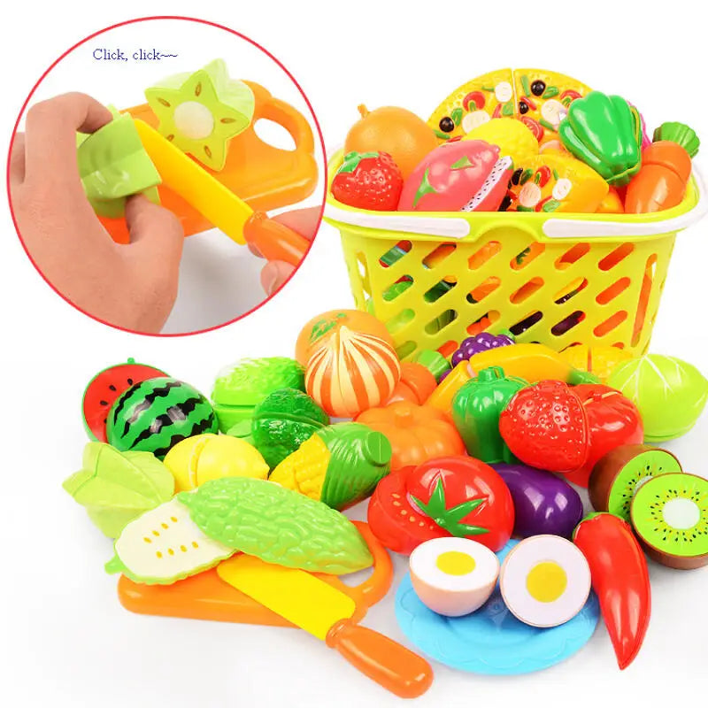 Jouets alimentaires de cuisine avec panier de rangement, jouets pour tout-petits, jeu de découpe, semblant de fruits et accessoires, shopping