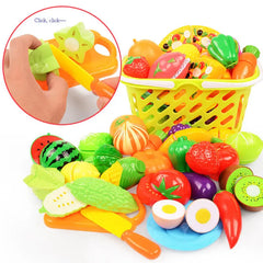 Jouets alimentaires de cuisine avec panier de rangement, jouets pour tout-petits, jeu de découpe, semblant de fruits et accessoires, shopping
