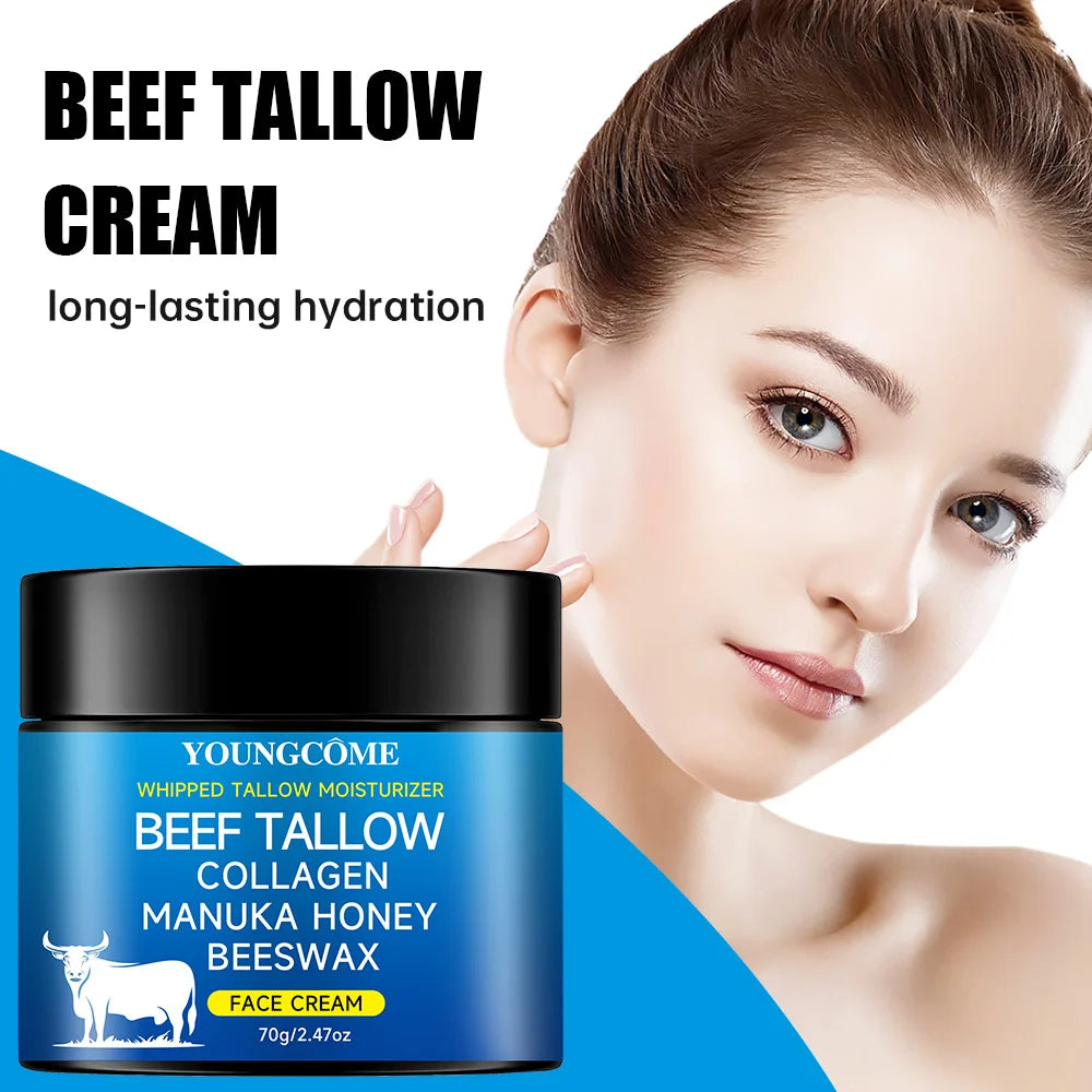 Tallow face cream with raw honey olive oil. Anti-aging face cream, wrinkle-dissolving collagen cream, smooths wrinkles, moisturizes, and firms. 