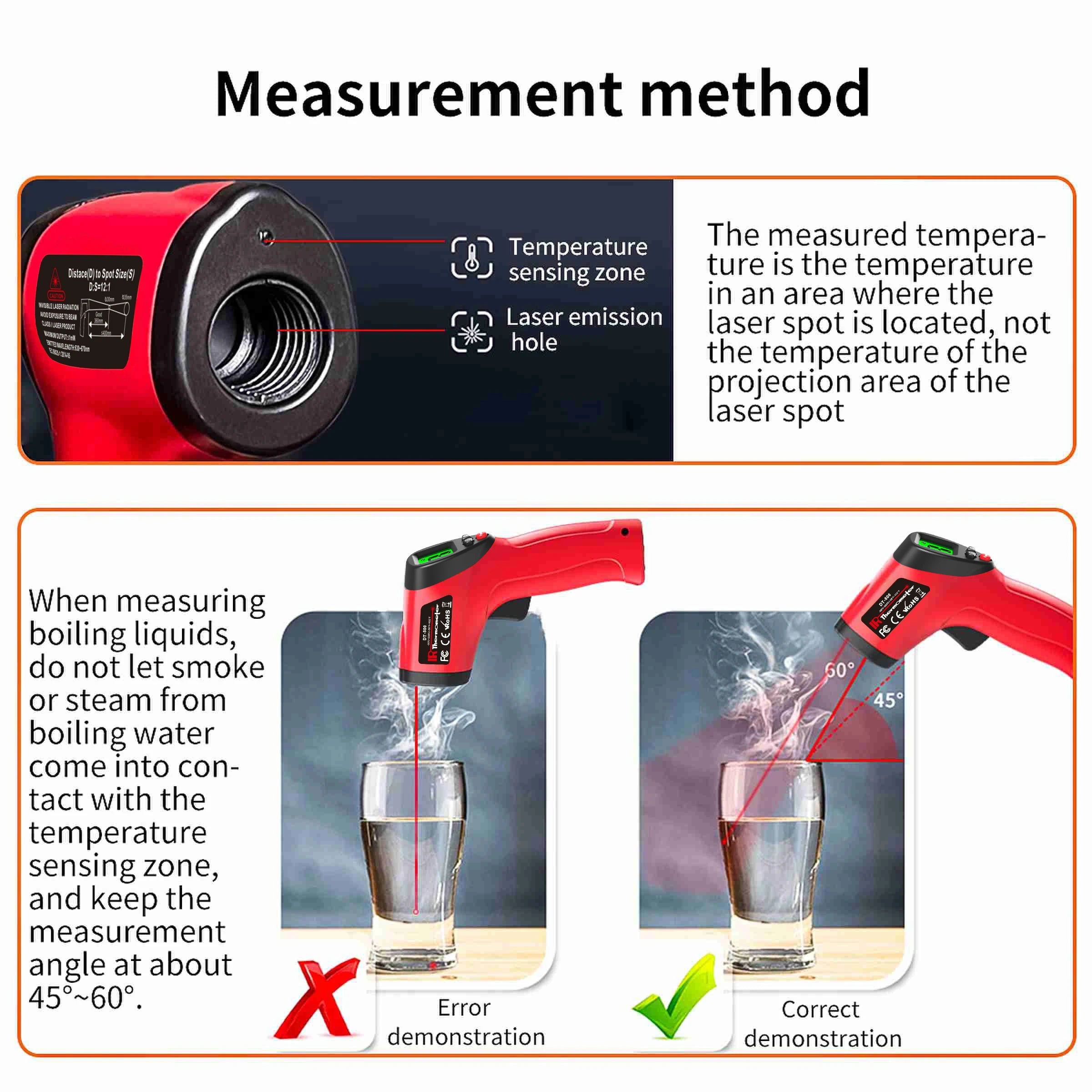 Pistolet thermomètre infrarouge -50 ~ 500 ° Pistolet de température Laser sans contact C, capteur de température portatif, pyromètre numérique LCD rétroéclairé