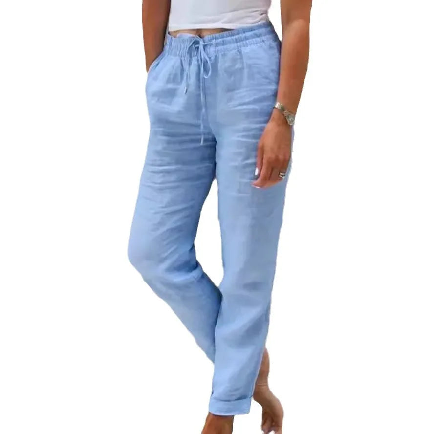 Pantalon en coton et lin pour femmes, taille haute, élastique, décontracté, à la mode, respirant, ample, nouvelle collection 2025