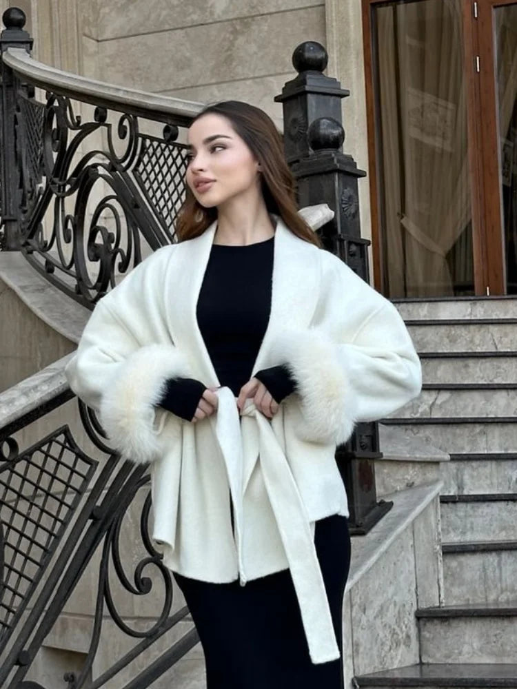 Manteau en laine pour femmes, Patchwork de fourrure solide, mode, manches longues, col en v, à lacets, pardessus Long ample, automne, bureau, vêtements d'extérieur pour dames