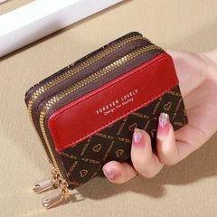Mini faux leather wallet with double zipper, compact classic pouch, multiple card slots, matching pocket, RFID protection, chic 