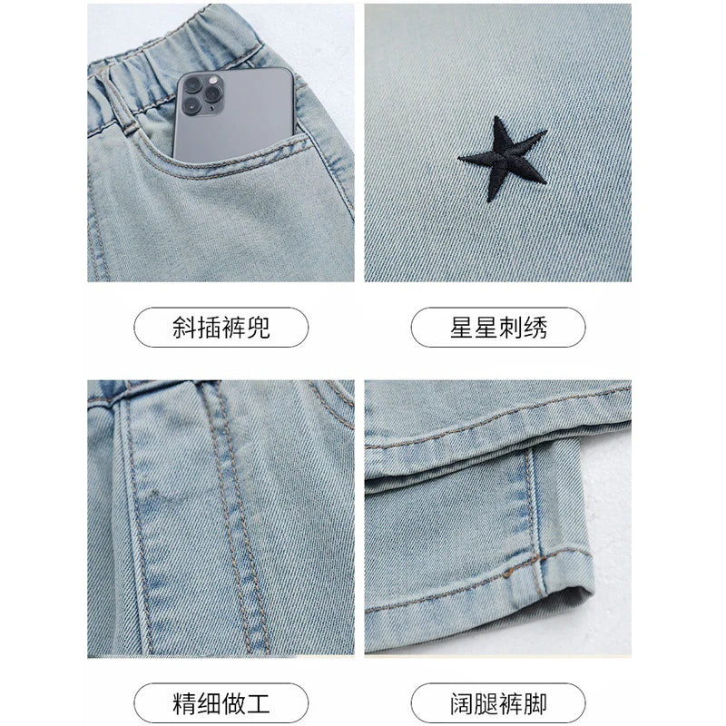 Five-pointed star embroidered jeans for girls aged 3 to 12, stylish wide-leg denim trousers, new spring/autumn collection
