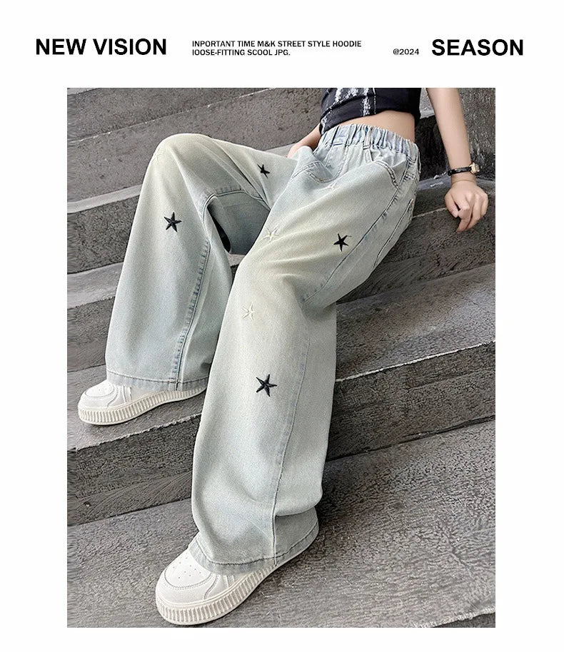 Five-pointed star embroidered jeans for girls aged 3 to 12, stylish wide-leg denim trousers, new spring/autumn collection