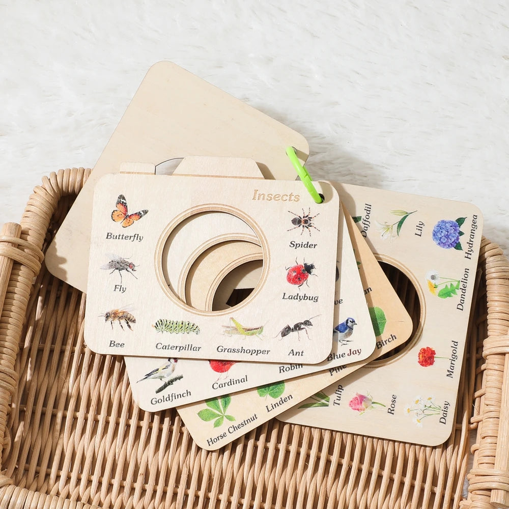 Livre en bois Montessori, jouets éducatifs, animaux d'extérieur, plantes, Puzzle cognitif, jouets pour enfants de 0 à 12 mois