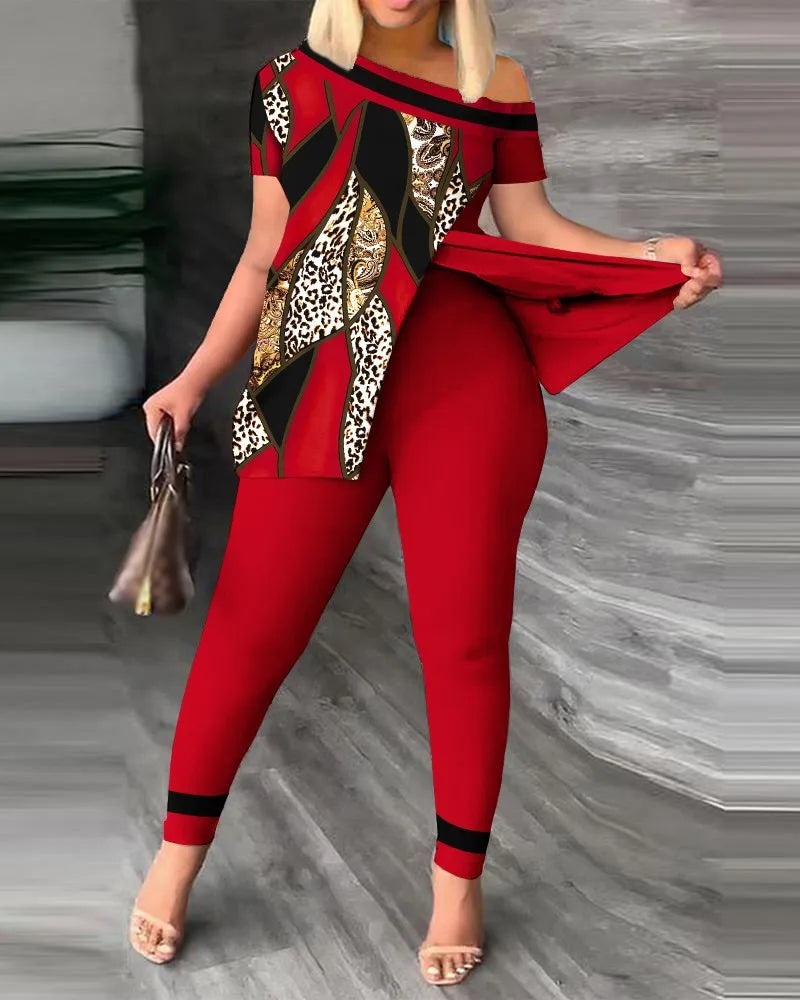 Women's Printed 2 Piece Set, Irregular Slanted Collar Split Top Short Sleeve Long Pants Colorful Outfit Fashion Women Pant Suit