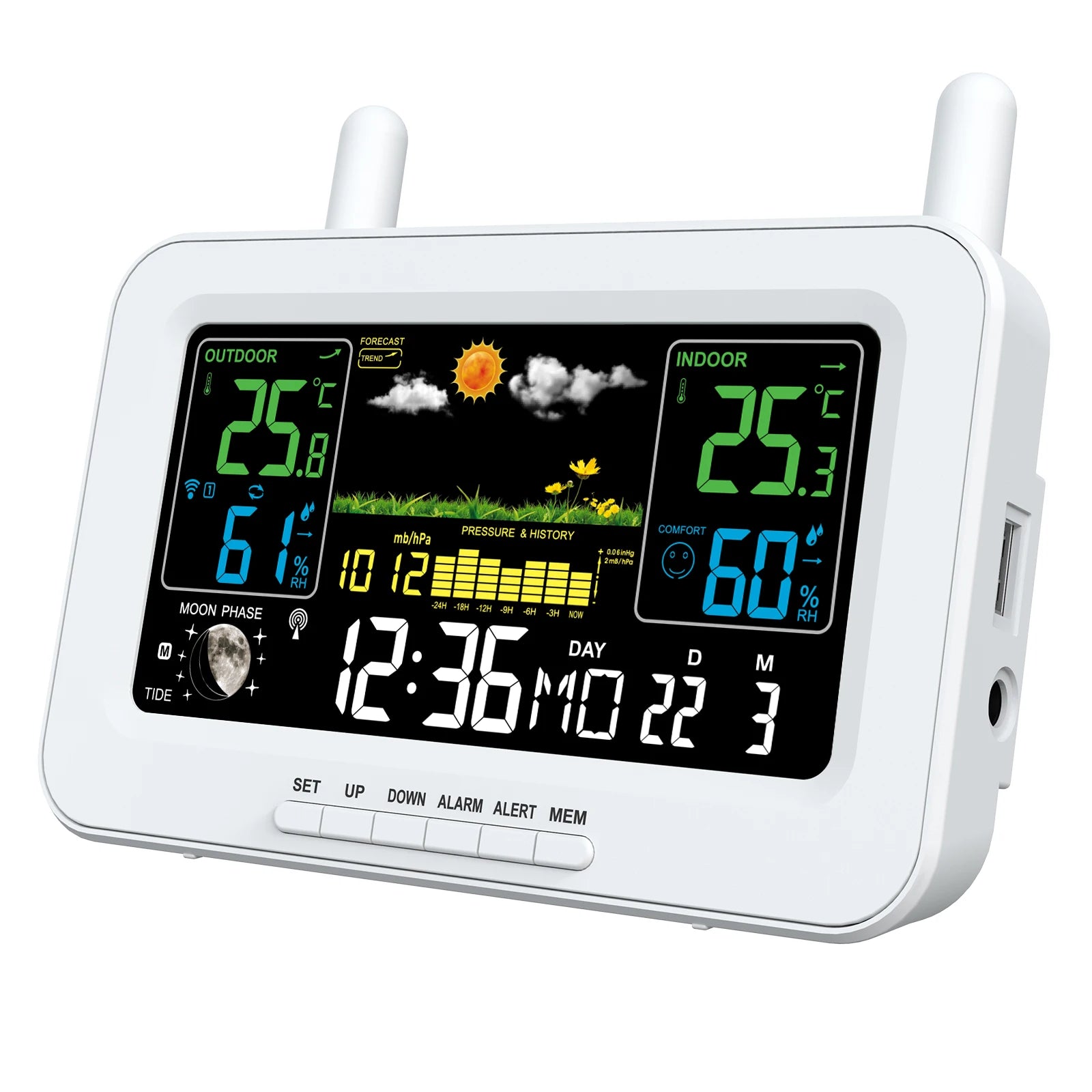 Station Météo Intelligente avec Sortie USB, Thermomètres et Hygromètres, Température, Humidité, Horloge, Pression Atmosphérique