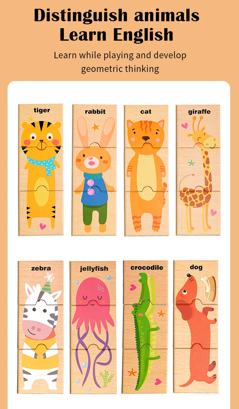 Puzzle assorti en forme d'animal de dessin animé pour enfants, planche de puzzle de cognition de mots anglais pour l'éducation précoce des bébés, jouet en bois