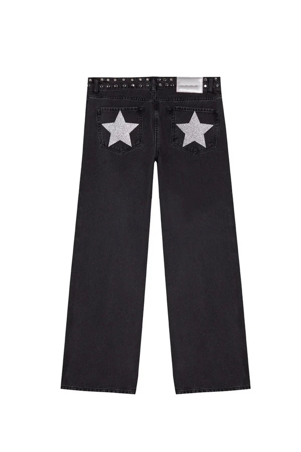 Spanish street fashion ONE DILEMMA Style Rivet five-pointed star pattern white jeans women's autumn straight slim pants