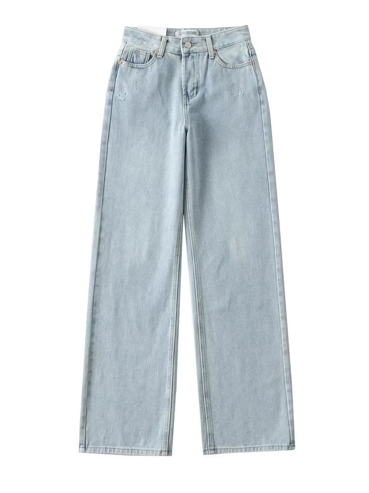 Jean bleu femmes taille haute 2025 ample décontracté petit ami jean Long pour le travail dames Simple jambe droite Denim pantalon pour les femmes