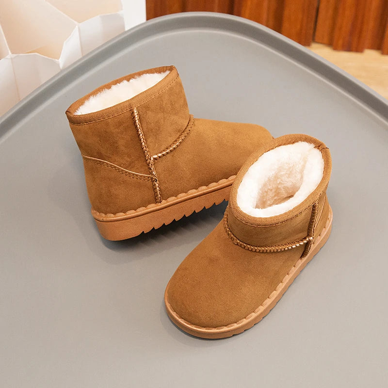 Bottes de neige pour enfants, Style concis, peluche épaisse, bottes courtes d'hiver pour enfants, couleur unie, chaussures classiques unisexes à enfiler pour garçons et filles 23-36