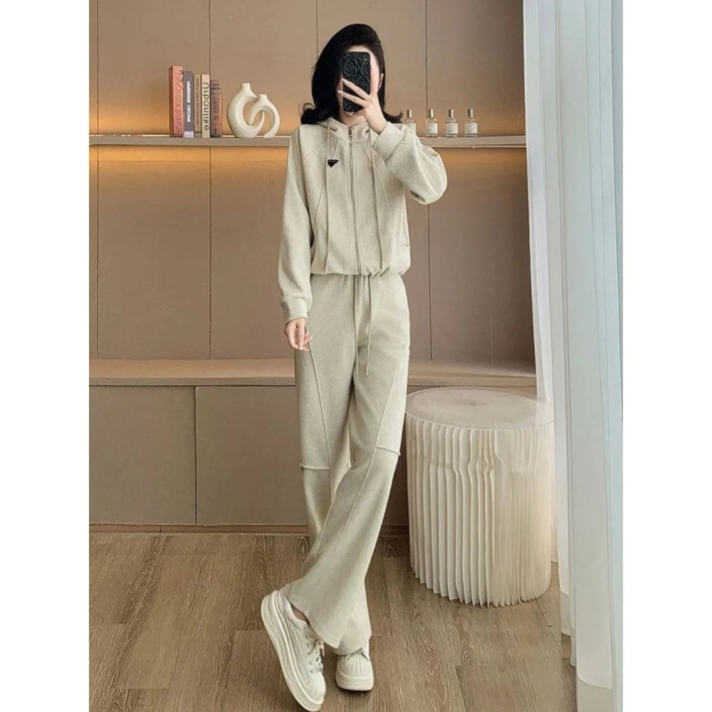 Fashionable slimming hooded set for women, two-piece Korean style set, trendy, youthful look, casual outfit, new autumn/winter collection