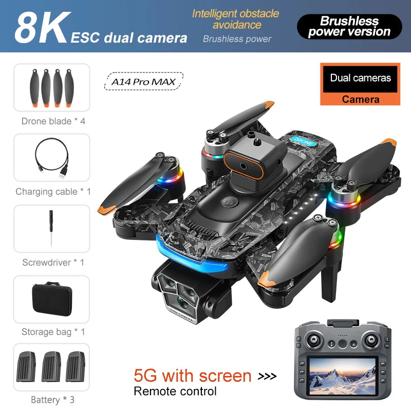 Xiaomi A14 ProMax Drone, Brushless Motor, 8K HD, Three Cameras, GPS, Optical Flow, Obstacle Avoidance, Foldable Quadcopter Drone Toy