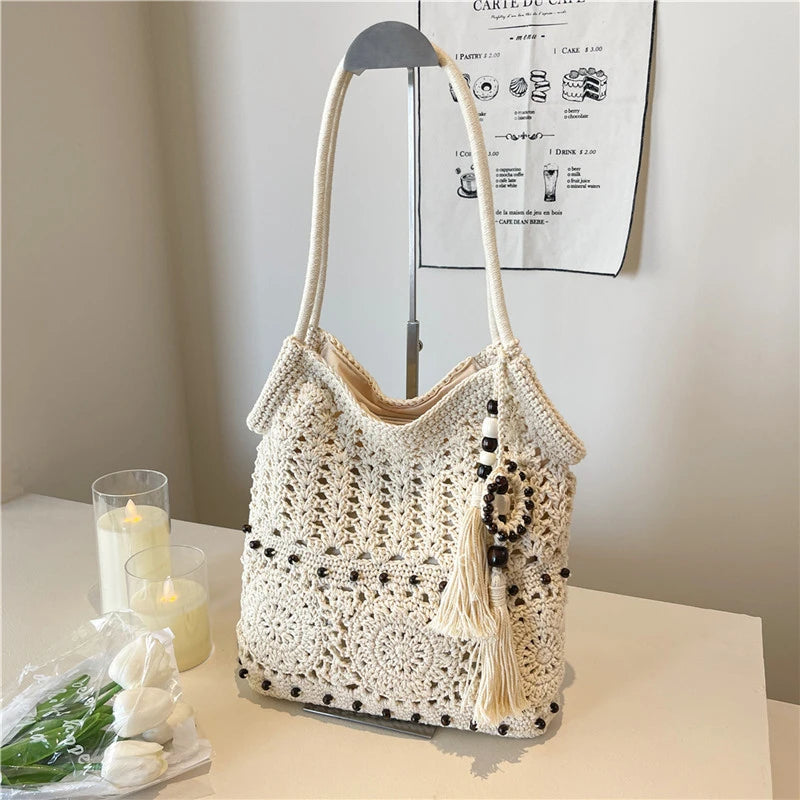 Sac à main tissé de grande capacité, sac à bandoulière ajouré, fourre-tout en Crochet, fourre-tout bohème tissé pour femmes, sacs de Shopping tricotés