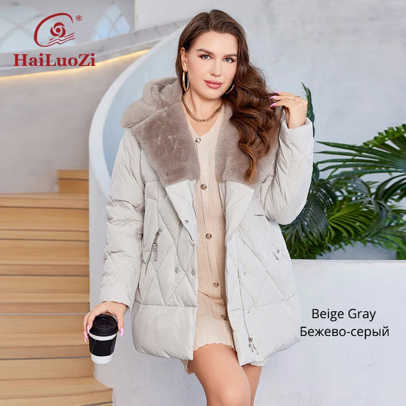 HaiLuoZi Women's Short Hooded Jacket with Fur Trim, Plus Size Winter Clothing, Independent Quilted Design, Large Pockets, Combination 2023, New Collection 1163