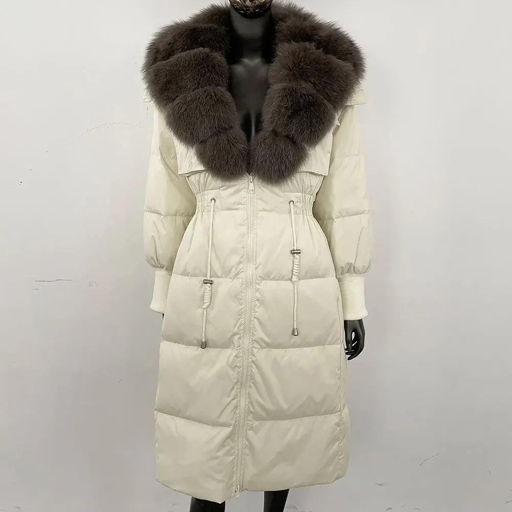 Doudoune longue avec col en fourrure pour femme, pardessus en fourrure de renard, longueur aux genoux, à la mode, chaude, cintrée à la taille, vêtements d'extérieur amincissants