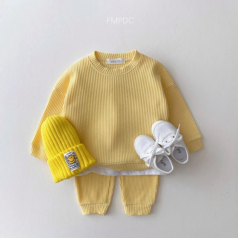 Ensemble de vêtements coréens pour bébés garçons, faux deux pièces en coton gaufré + pantalon, tenue 2 pièces, 2023