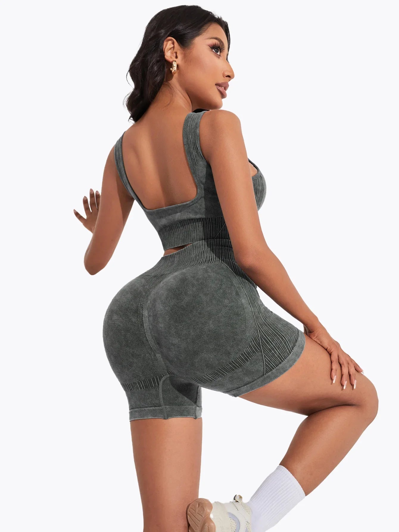 Ensemble de yoga taille haute sans couture pour femme, short de course, soutien-gorge de sport antichoc, séchage rapide, entraînement de fitness, trempé, 2 pièces