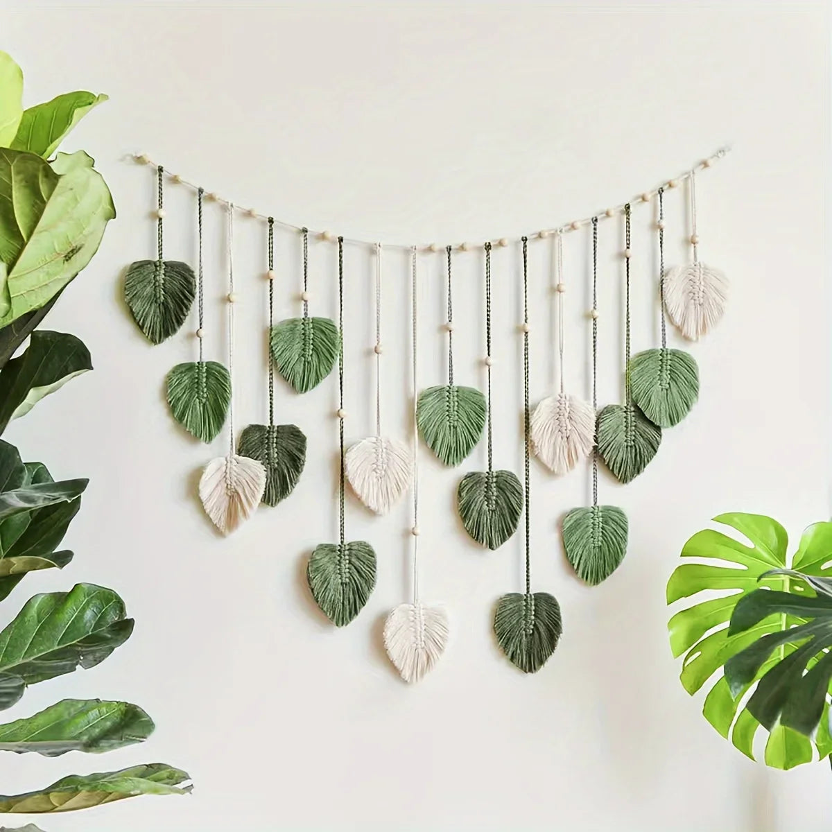 Modern woven wall art, beautiful room decoration, green leaves hanging on the walls, bohemian style, feather, Ramadan Easter gift