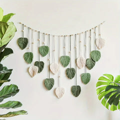 Modern woven wall art, beautiful room decoration, green leaves hanging on the walls, bohemian style, feather, Ramadan Easter gift