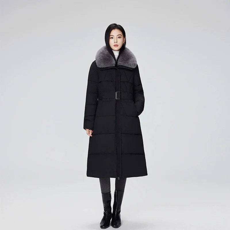 Parka d'hiver à col en fourrure pour femme, veste x-longue rembourrée en coton, manteau épais et chaud, Streetwear avec ceintures, vêtements d'extérieur Slim, à la mode, 2025
