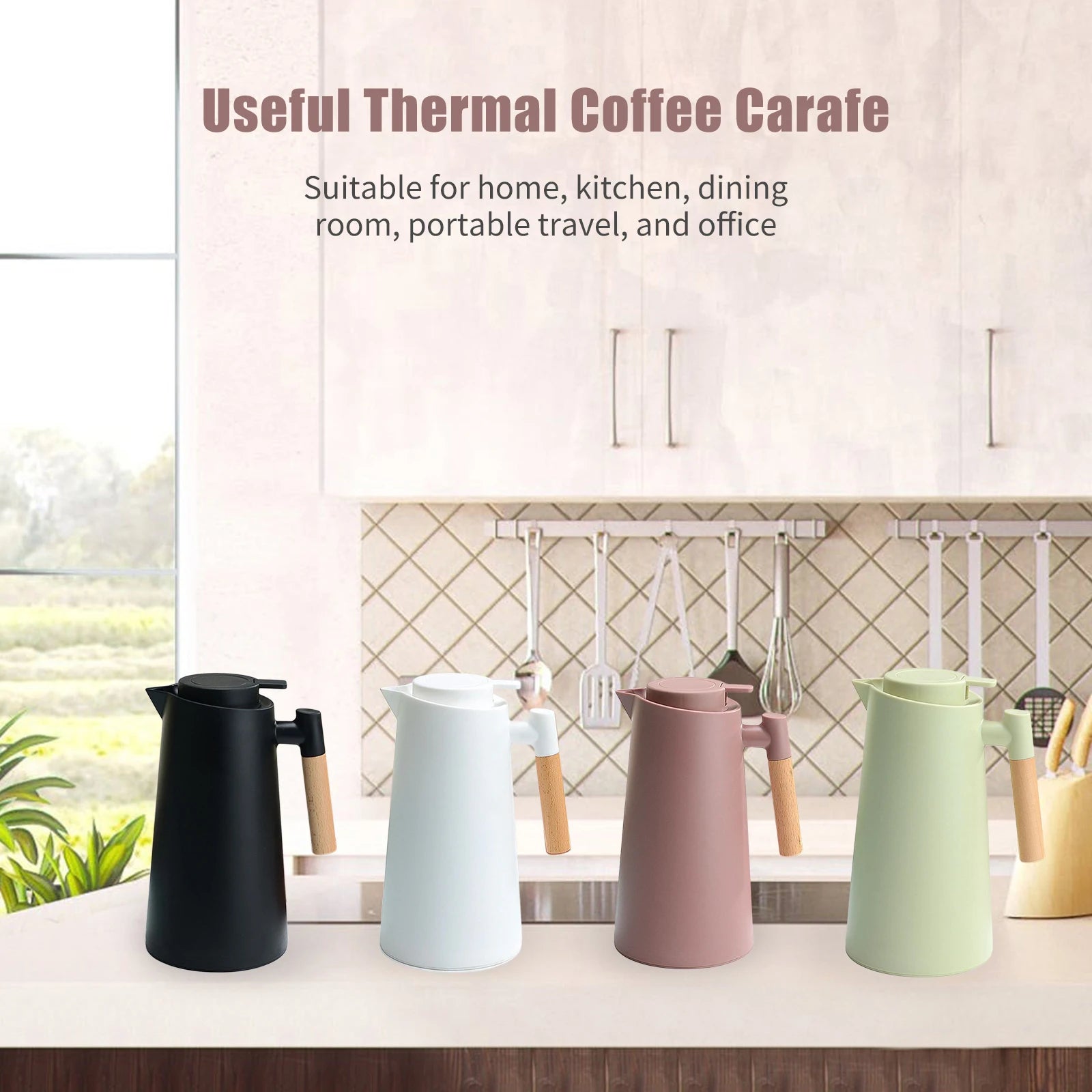 Carafe à café thermique sous vide à double paroi, pot thermos avec poignée en bois, bouilloire isolée, garde au chaud et au froid, 1L