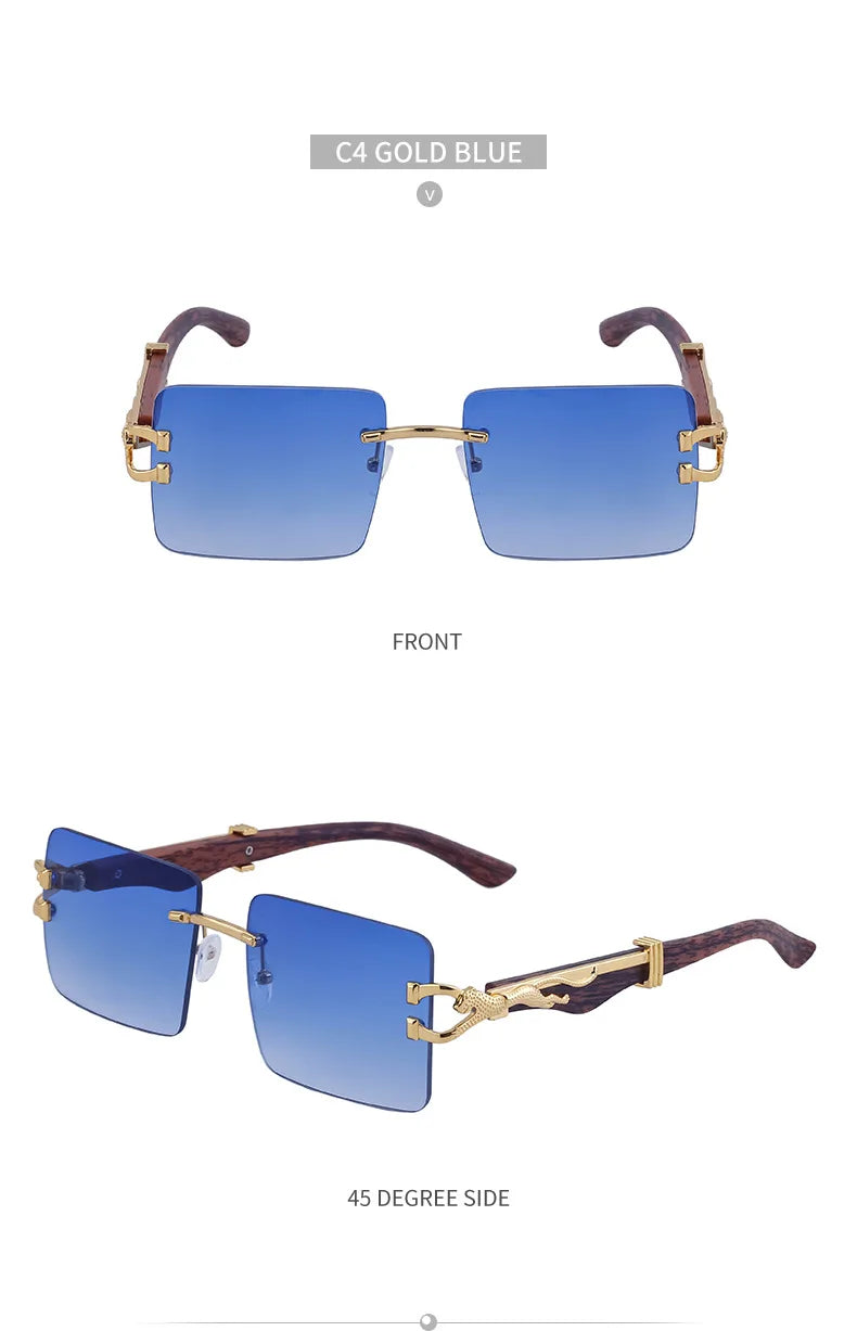 Frameless square wooden sunglasses for men and women, vintage, fashionable, luxury, retro, 2023