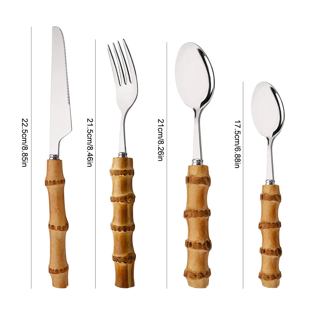 Couverts en acier inoxydable avec manche en bambou naturel, 24 pièces, service de table, couteau à steak