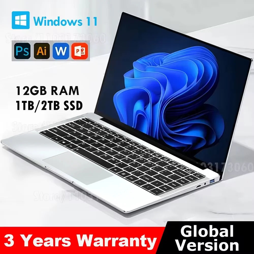 Ordinateur Portable 14.1 "12GB RAM 1 to 2 to SSD Windows 11 ordinateur Portable bureau apprendre loisirs divertissement ordinateurs portables