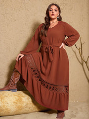 Plus Size Women's 2025 New Brown V-Neck Fashion Casual Dresses Belt Lace Long Elegant Casual Dignity Party
