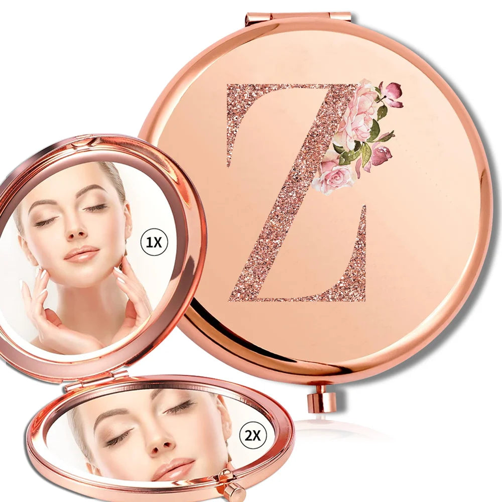 Miroir rond de maquillage grossissant Double face en métal, cosmétique, aspect Portable, verre, Compact, motif de lettres en or Rose