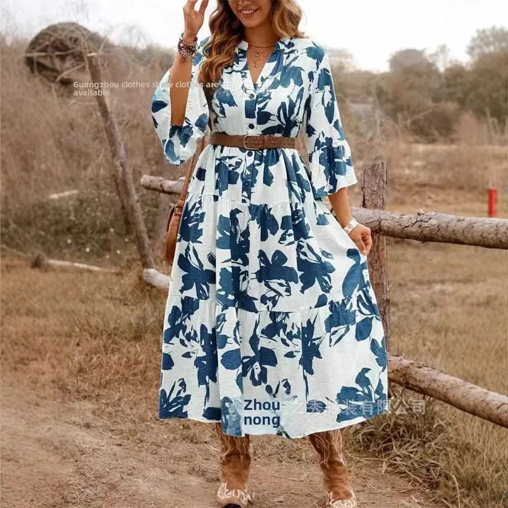 Women's long pleated V-neck dress with waist belt, embellishments, fashionable, knee-length, with flared sleeves, new 2025 collection