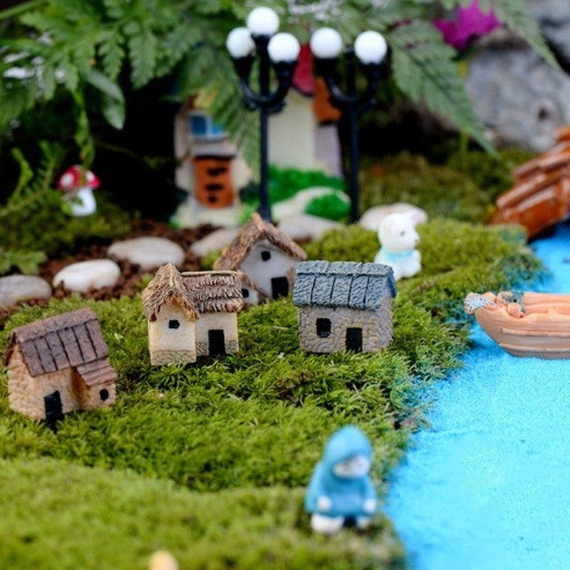Figurine Miniature de maison, accessoire de jardin féerique, décoration de maison, Statue de construction d'animaux de dessin animé, voiture de poupée artisanale en résine, 4 pièces