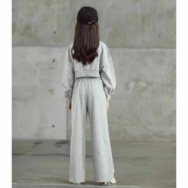 Girls' solid color outfit set, long-sleeved cropped sweater and pants, 2 pieces, new spring-autumn fashion, casual suit for children aged 4 to 12 years