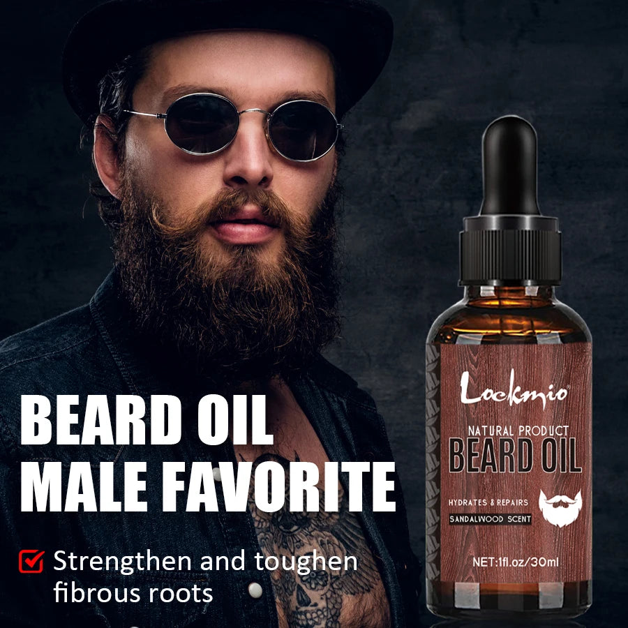 5-Piece/Set Sandalwood Beard Growth Kit, Scented Beard Balm, Moisturizing Oil, Styling Trimming, Conditioning Care for Men
