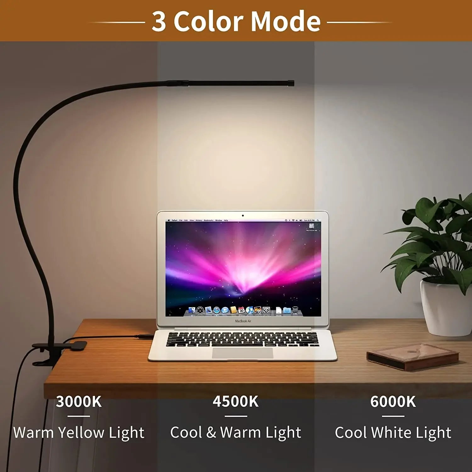 LED desk lamp with clip, dimmable reading lamp, 3 color temperatures, 10 brightness levels, USB clip-on table lamp