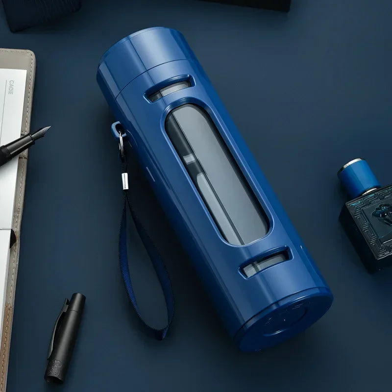 400, 600, 800, 1000ml glass bottle/cup with filter cord, plastic case, glass cup, water bottle, business gift, black/blue