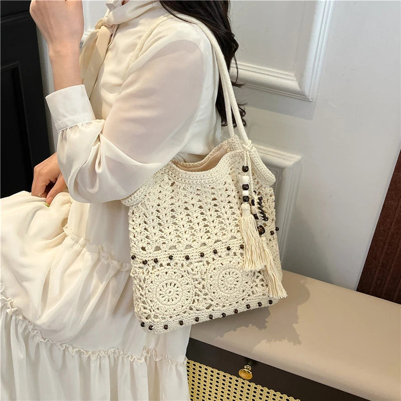 Sac à main tissé de grande capacité, sac à bandoulière ajouré, fourre-tout en Crochet, fourre-tout bohème tissé pour femmes, sacs de Shopping tricotés