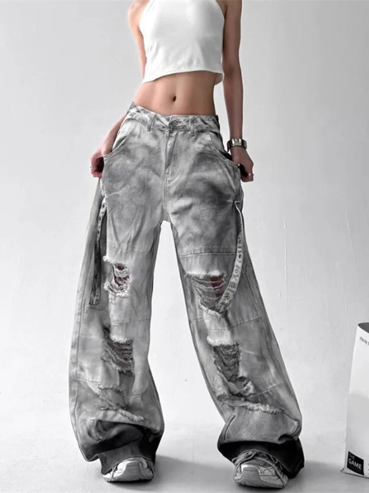 Femmes jean pantalon américain haute rue déchiré droit jambe large jean pour femmes conception cravate-teinture Jazz danse Cargo pleine mince jean