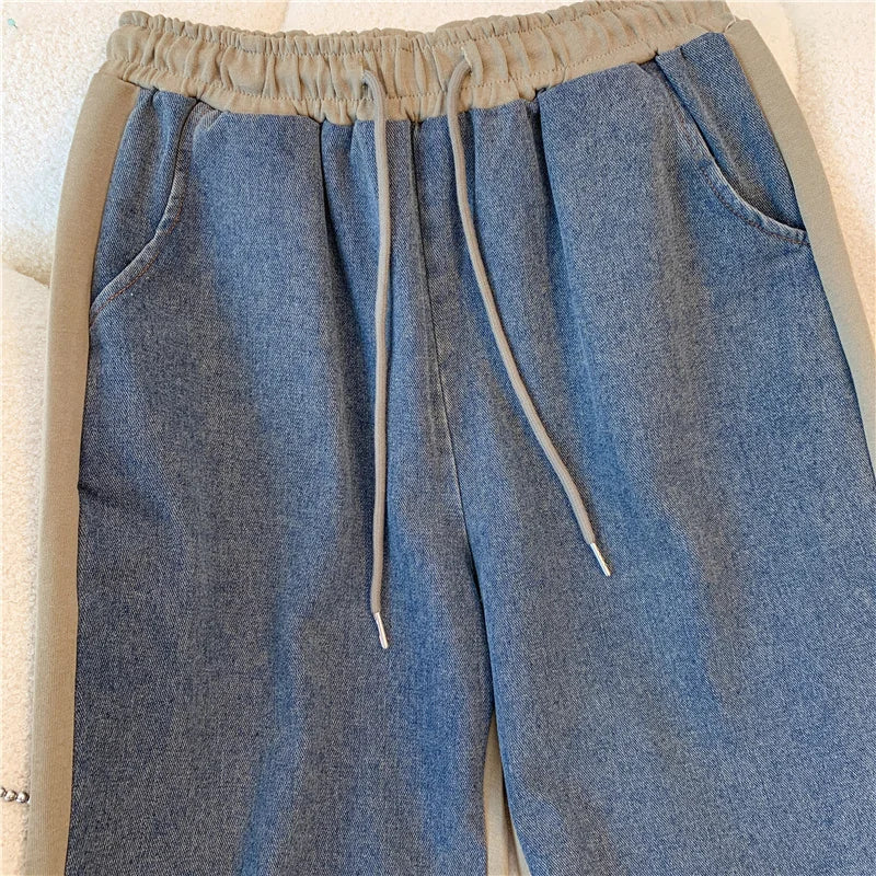 Ensemble pantalon en Denim, col montant, Patchwork, manteaux de rue, hauts à jambes larges, jean gothique droit, Vintage, ensemble deux pièces Simple