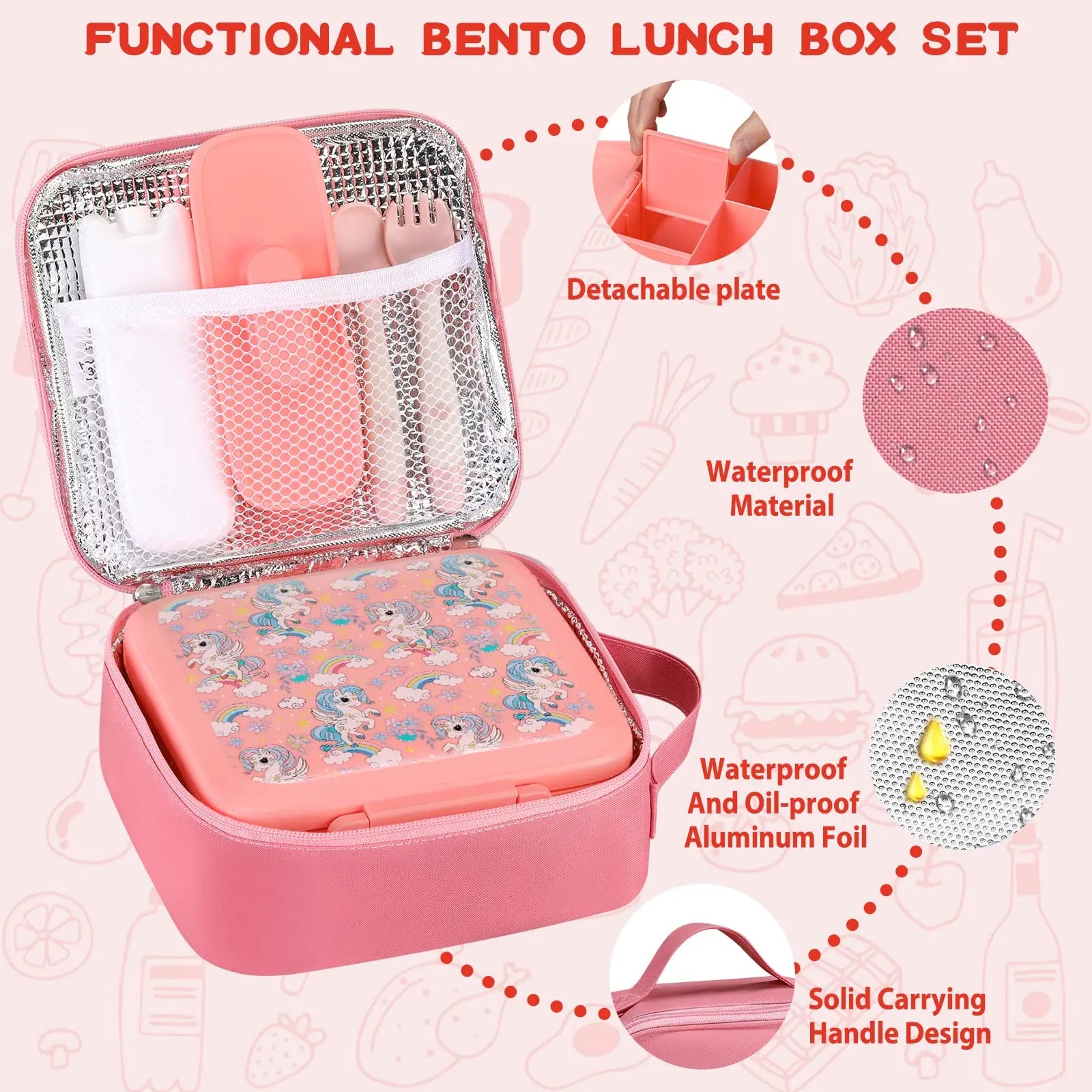 Boîte à déjeuner Bento pour enfants avec pot alimentaire isolé sous vide de 8oz, sac à déjeuner, sac de glace et fourchette et cuillère pliables, anti-fuite