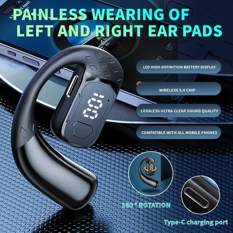 Sans fil Bluetooth 5.4 ouvert 180 °   casque à conduction d'air rotatif avec affichage de la batterie LED sur les deux oreilles et un écouteurs avec microphone