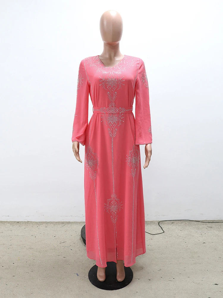 Eid Jalabiya - Women's Muslim Evening Dress, Diamond Lace-Up Arabic Abayas, Long Dresses, Elegant Dress, Educational Dress for Ramadan